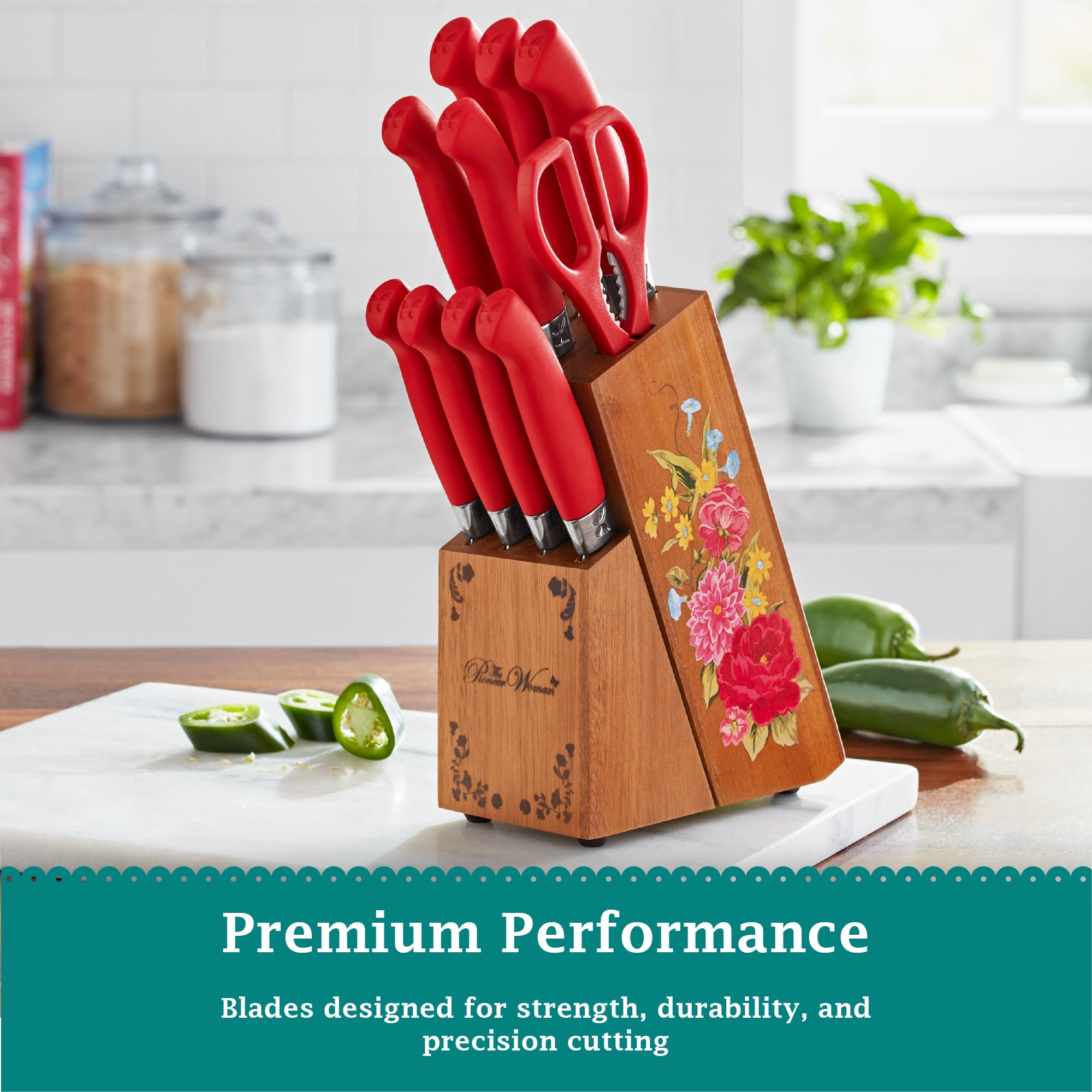 The Pioneer Woman Sweet Rose 11-Piece Stainless Steel Knife Block Set, Red