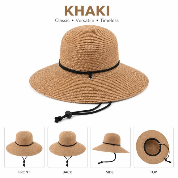 OQRKI Womens Wide Brim Sun Hat with Wind Lanyard Upf Summer Straw Sun Hats for Women Uv Protection Packable Foldable for Beach Travel Outdoor Activity Fashion Accessory