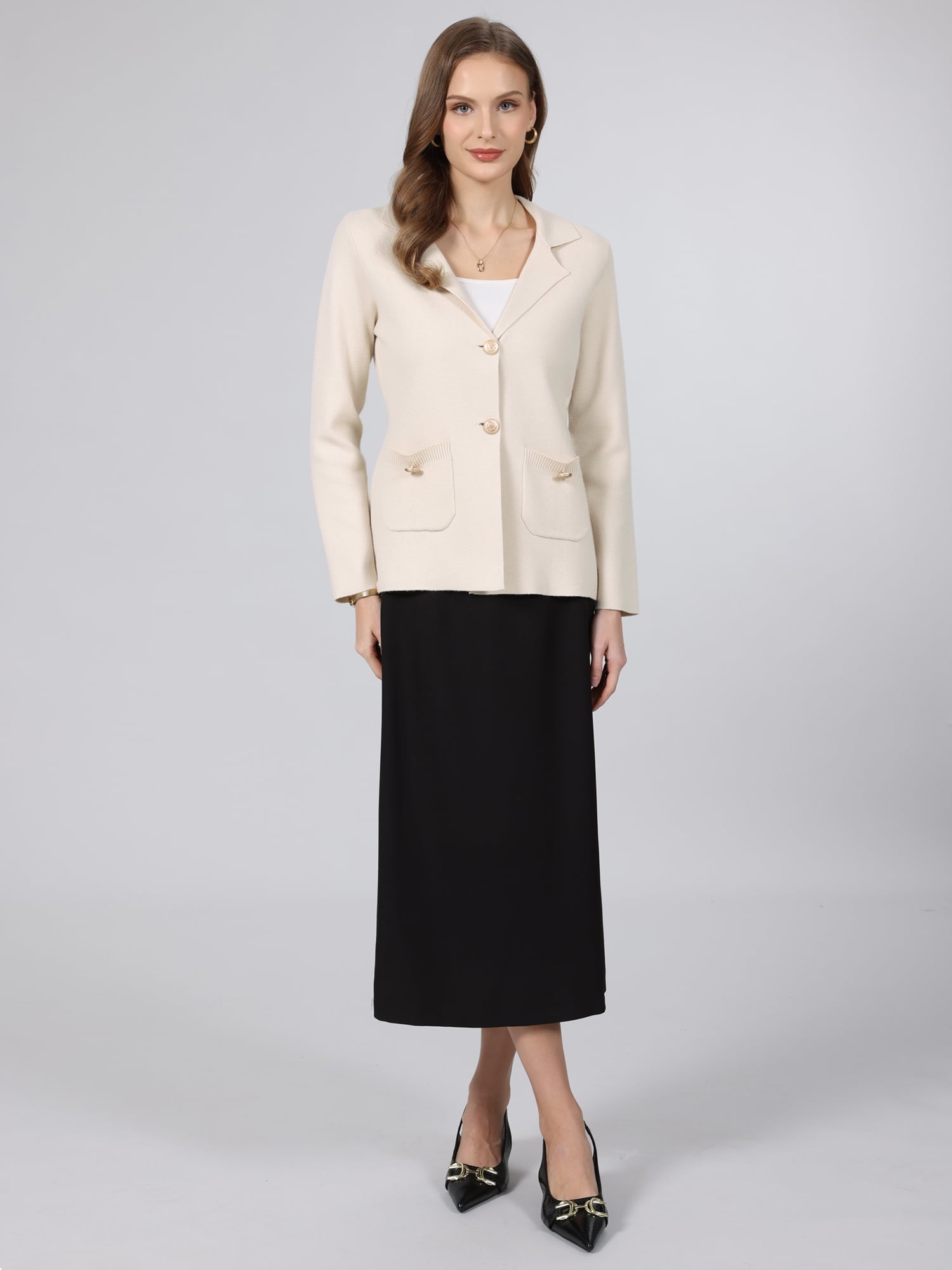 DARING DIVA Women's Sweater Blazer Lapel Knit Pockets Blazer S Beige