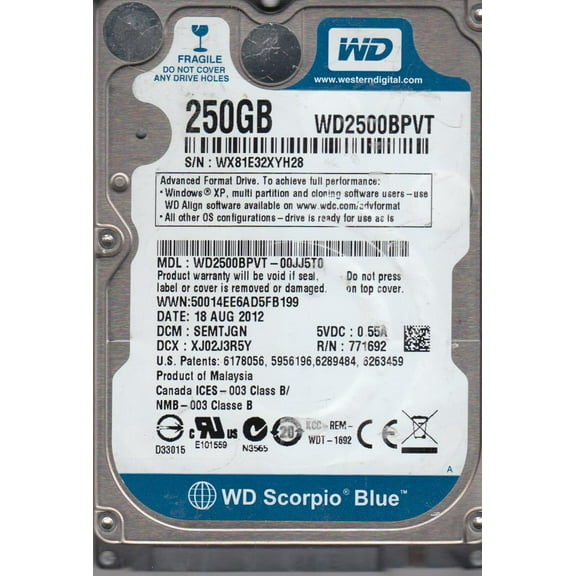 WD2500BPVT-00JJ5T0, DCM SEMTJGN, Western Digital 250GB SATA 2.5 Hard Drive