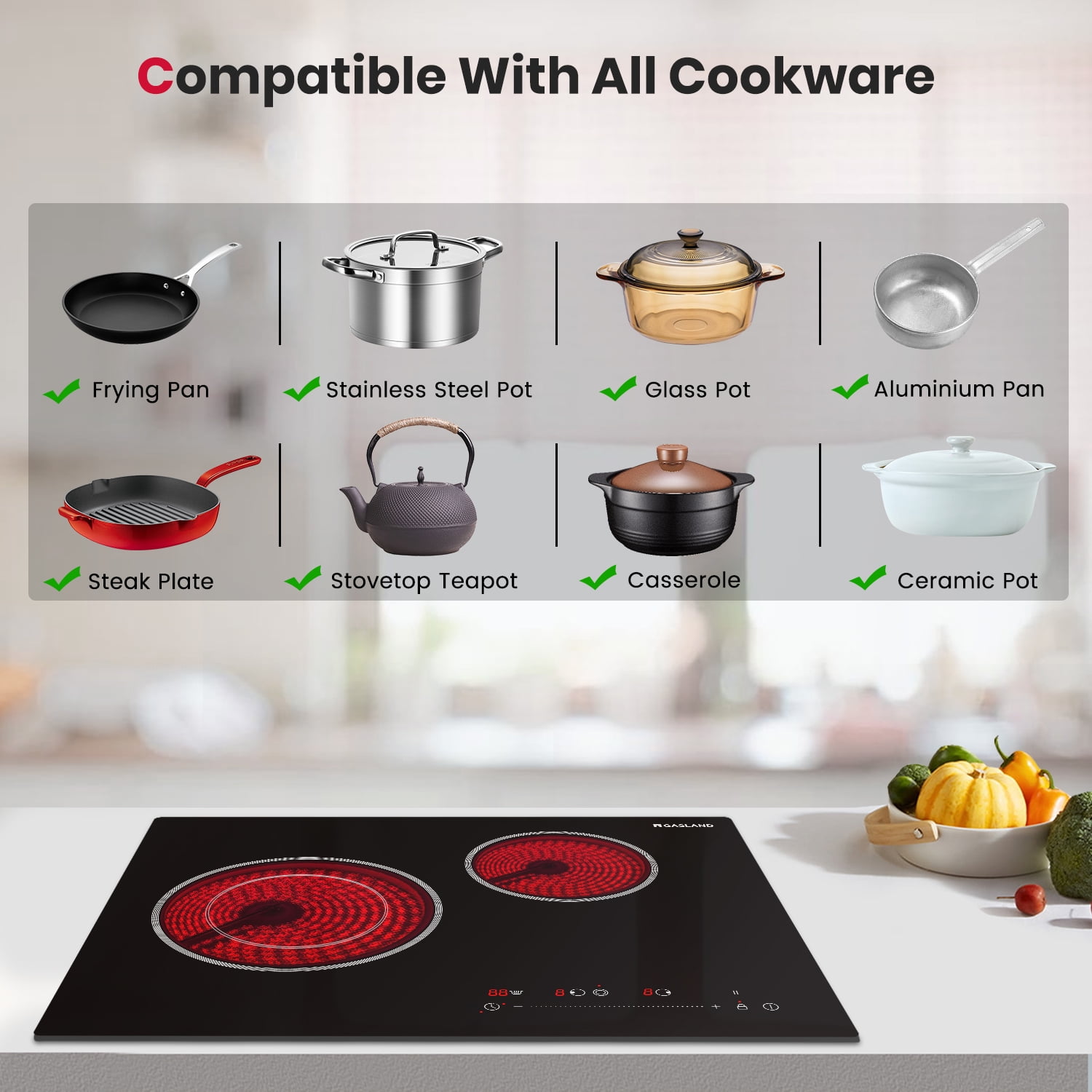 GASLAND 21 Inch 2 Burners Electric Cooktop, ETL Certificated, Built-in Radiant Ceramic Apartment Cooktop, 3700 W Electric Stove Top, 240 V