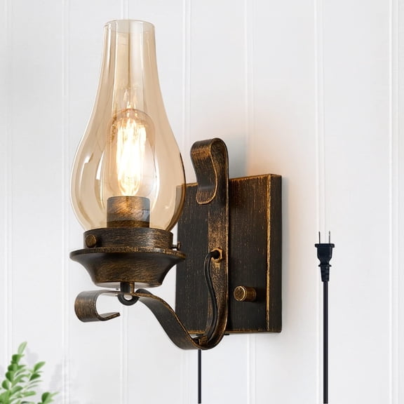 Plug in Wall Sconce,Oil Rubbed Bronze Wall Sconces,Retro Rustic Wall Lamps,Sconces Wall Lighting with Amber Glass,Indoor Vintage Bedside Wall Lighting for Living Room Bathroom