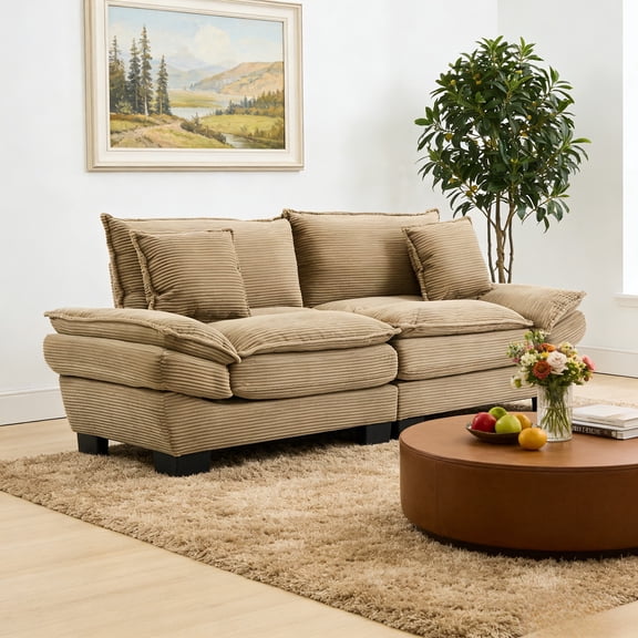 FurnitureR 84" Modern Corduroy Loveseat Sofa, 2-Seater Deep Seat Couch for Small Apartment, Living Room & Office, Soft Sleeper Sofa with 2 Pillows, Khaki