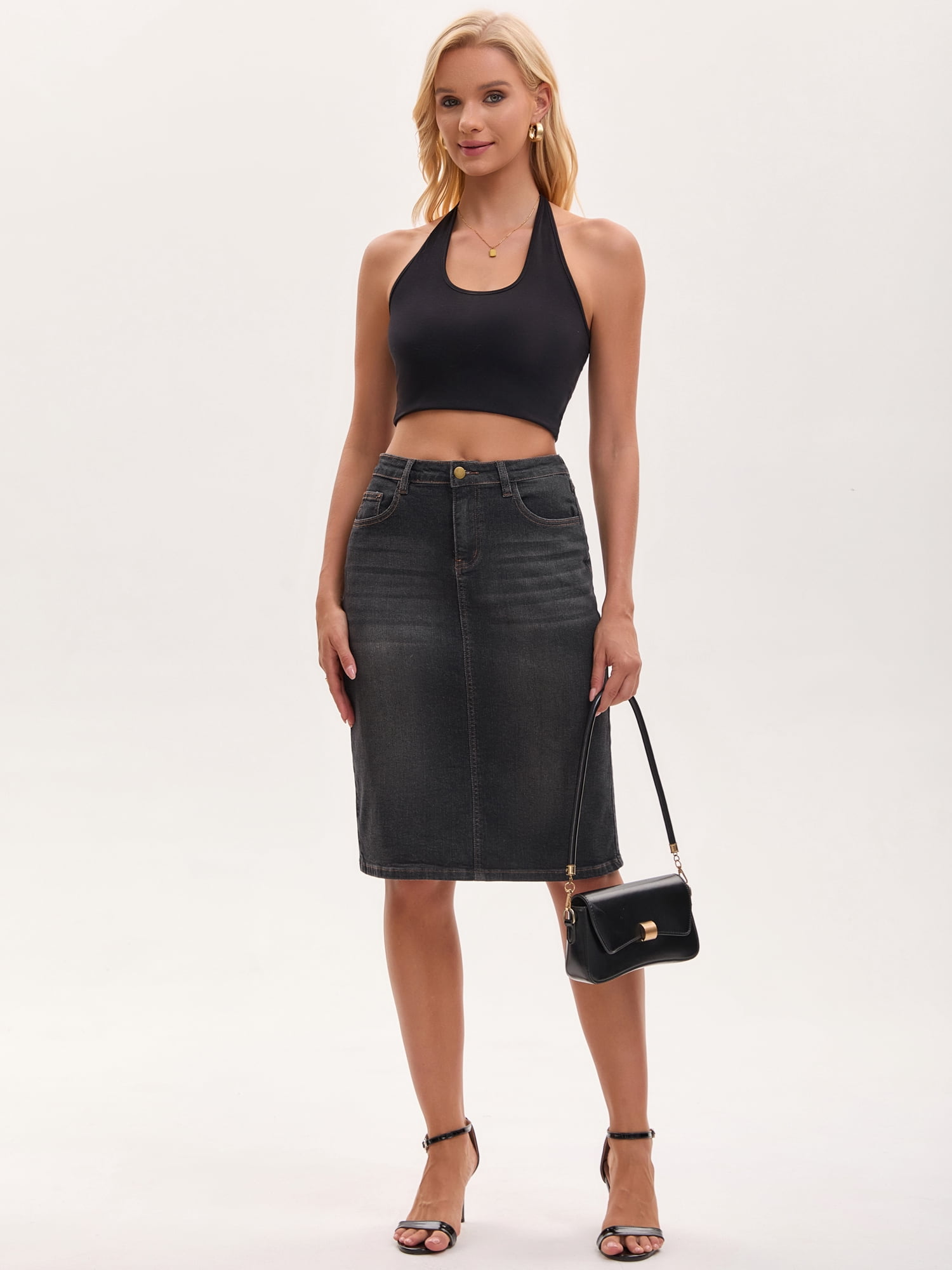 DARING DIVA Women's Jean Back Slit Stretch Below Knee Length Denim Skirts S Black