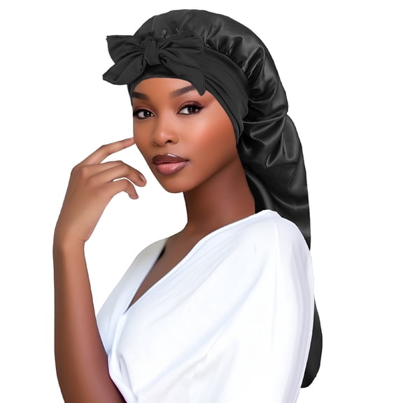 TUWAFE Long Satin Bonnet for Women Long Hair Bonnet - Double Layer Elastic Silk Bonnet for Braids Hair Sleeping Cap with Tie Band
