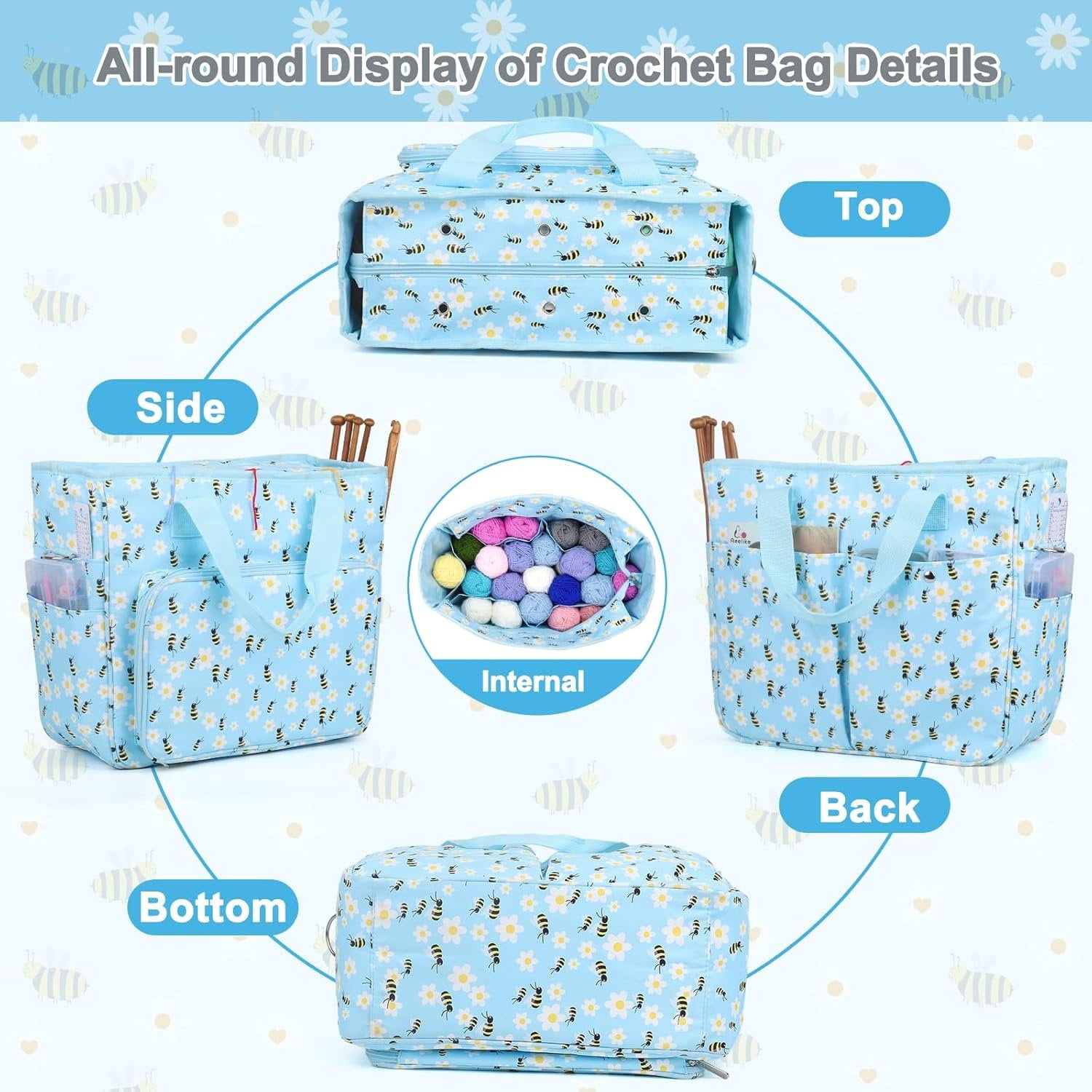 Yarn Storage Organizer Travel Crochet Bag, Large Capacity Tote Bag Knitting Bag for Carrying Projects, Knitting , Crochet Hooks and Yarn, Blue Floral and Bees