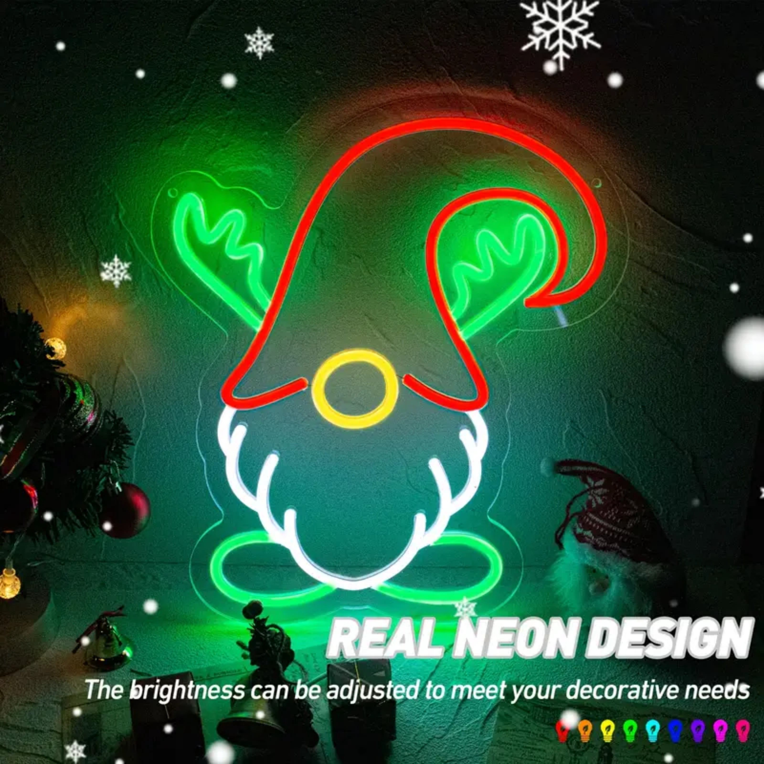 UPONRAY Christmas Gnome Neon Signs, 15"*12.3" Dimmable & USB-Powered LED Neon Light, Stylish Wall Decor for Christmas Tree, Bed Room, Living Room, Party, Bar