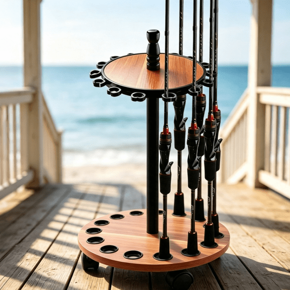 15-Rod Rotating Wooden Fishing Rod Stand with Casters - Compact Space-Saving Display Rack, MDF, Easy Tool-Free Assembly for Garage, Boat, Home Storage
