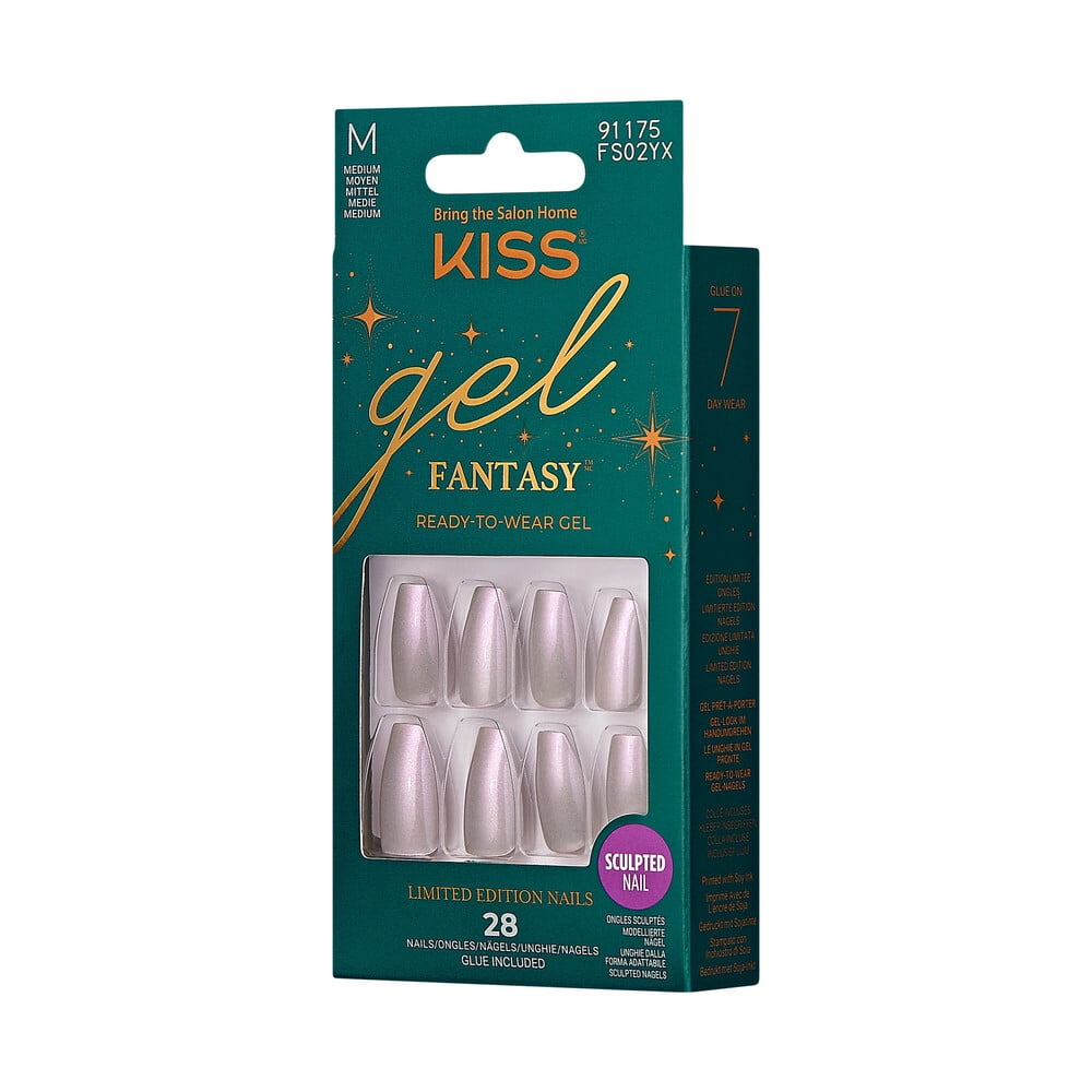 KISS Gel Fantasy Sculpted Holiday Press-On Nails, To Sparkle, Solid White, Medium, Almond, 28 Ct.
