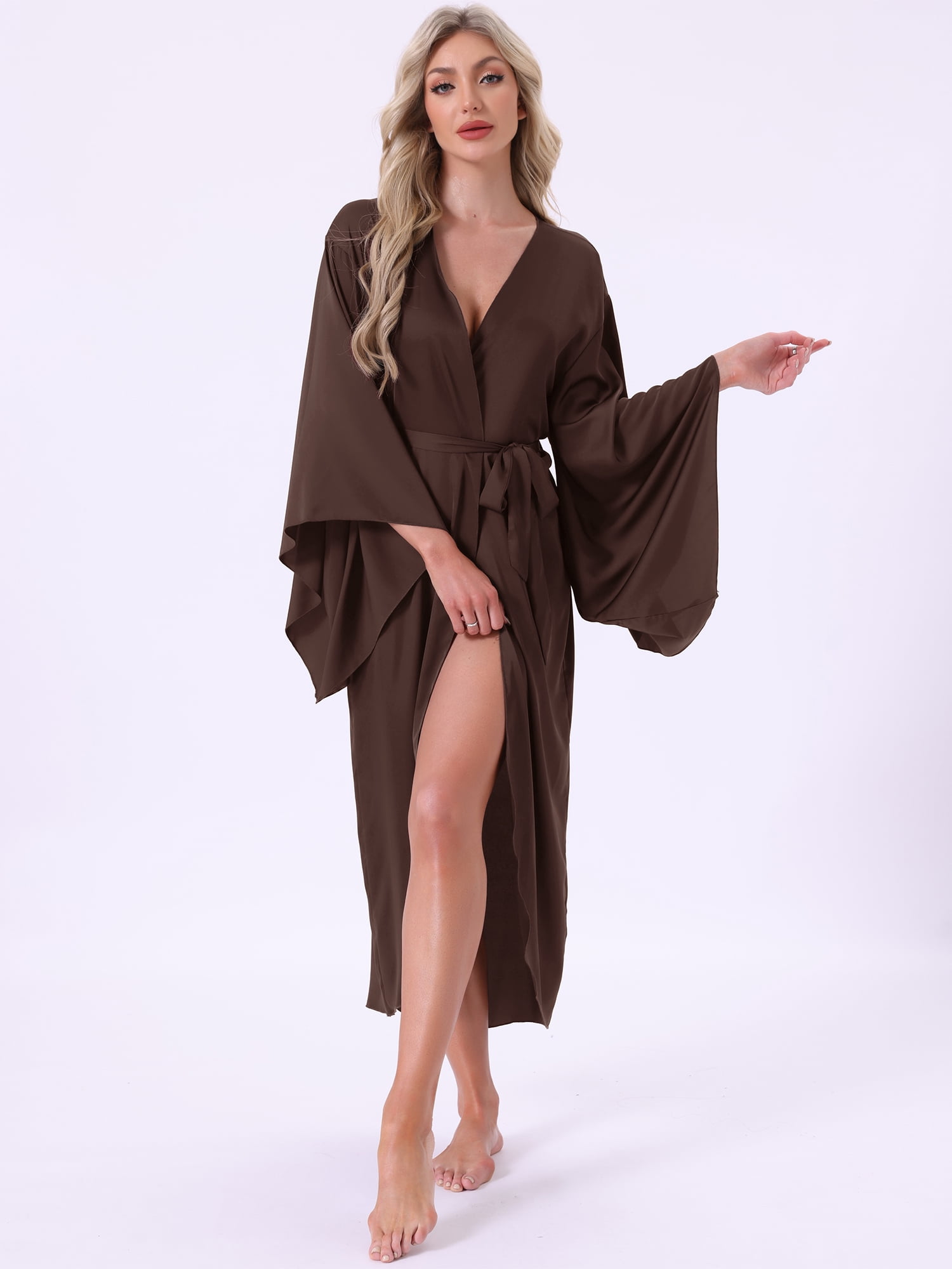 DARING DIVA Women's Satin Kimono Robe Wrap Front Bridesmaid Bride Lightweight M Brown