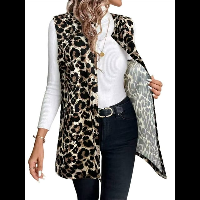 Chaleco Abierto con Estampado de Leopardo para Mujer, Chaqueta Vintage Sin Mangas Caqui M