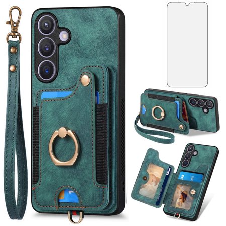 Asuwish Phone Case for Samsung Galaxy S25 Plus S25+ 5G Wallet Cell Cover with Tempered Glass Screen Protector Slim Lanyard Wrist Strap RFID Ring Stand Credit Card Holder Slot S25Plus 25S 25+ Green