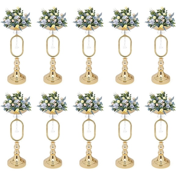 FETCOI 10 Pcs Wedding Centerpieces, 15.6in Gold Metal Vase Flower Stand, Crystal Wedding Event Flower Holder for Reception Christmas Birthday Party Decoration