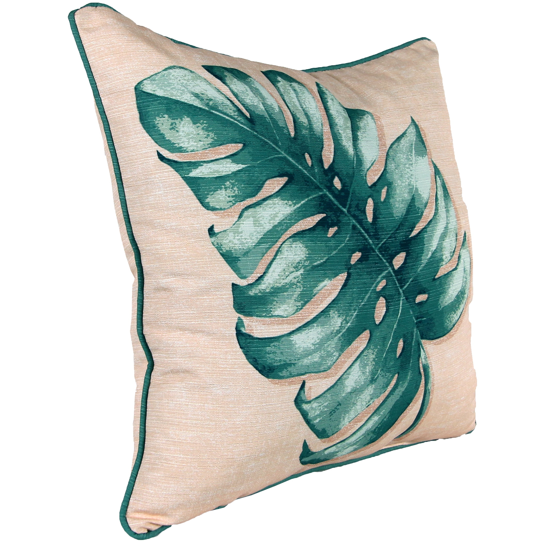 Jordan Manufacturing 20" x 20" Green and Coral Palm Leaves Square Reversible Decorative Throw Pillow with Welt