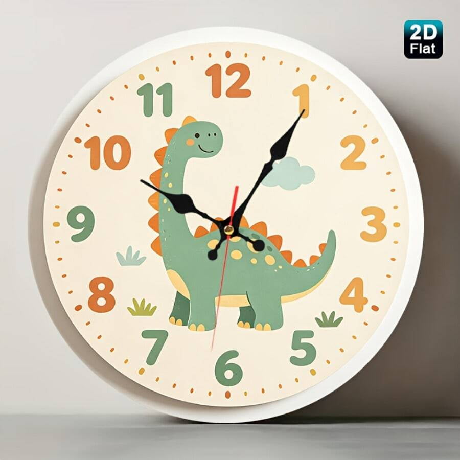 Kids Green Dinosaur Round Wall Clock, Silent Non-Ticking Nursery Clock, Cartoon Brontosaurus Decor for Boys Girls Bedroom Playroom