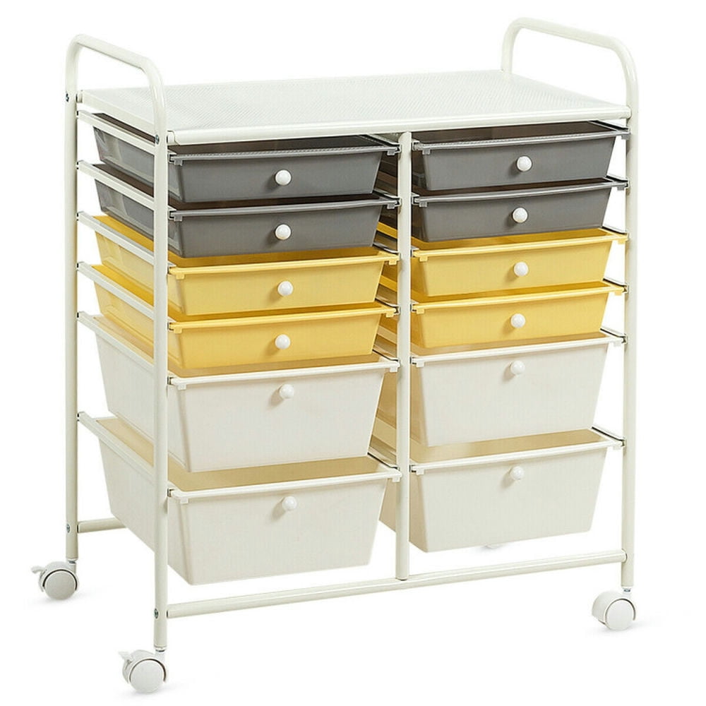 Demi Bonn 12 Drawers Rolling Cart Storage Scrapbook Paper Organizer Bins with 4 Universal Casters, Yellow & Beige & Gray