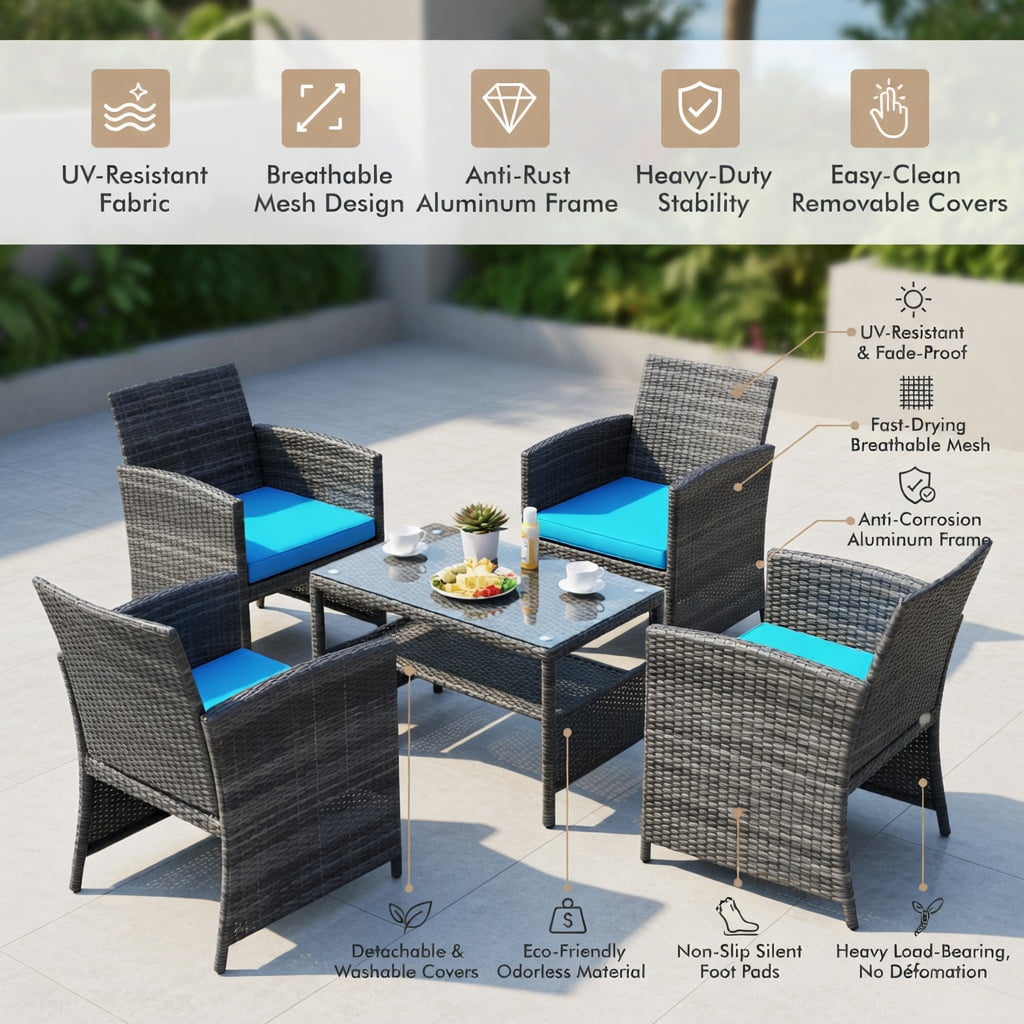 Hommoo 4-Piece Outdoor Rattan Patio Furniture Set with Removable Cushions, Turquoise