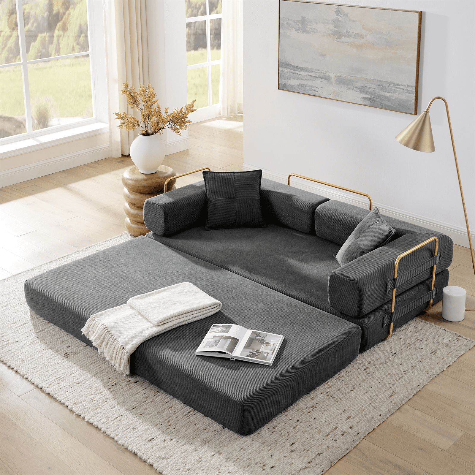 Lunale Boneless Cloud Couch, Convertible Floor Sofa Bed, Queen Size Pull Out Sleeper Sofa, No Assembly Required, Gray Corduroy