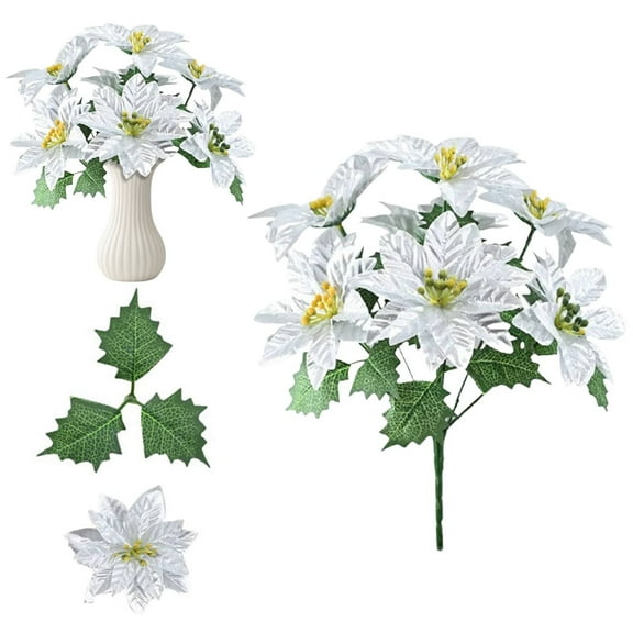 XJGHHSY Artificial Poinsettia Bouquet 12" Poinsettia Bush Christmas Flowers Holly Stems, Holly Leaves for Home Porch Garden Indoor Outdoor Holiday Xmas Decorations,Silver