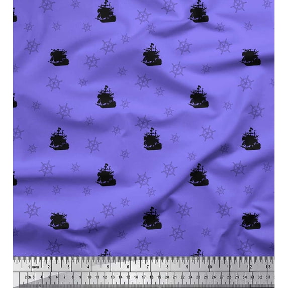 Soimoi Purple polyester Crepe Fabric Ship & Wheel Nautical Print Fabric by the Yard 42 Inch Wide