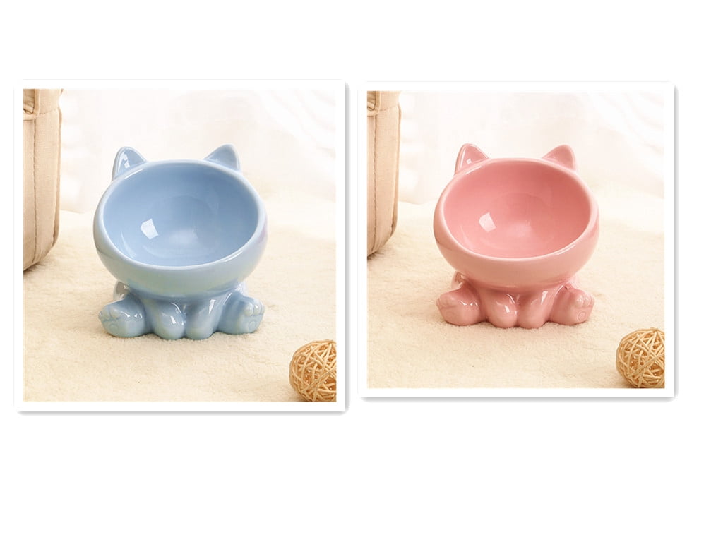 2pcs Ceramic Cat Bowl Oblique Mouth Pet Feeding Bowl, Neck Guard Tilted Food Water Bowl, Anti Choke Non Slip Ceramic Bowl for Cat Puppy Small Dog Indoor Daily Feeding and Drinking Supplies