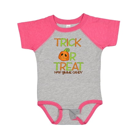 

Inktastic Trick or Treat Now Gimme Candy with Halloween Pumpkin Boys or Girls Baby Bodysuit