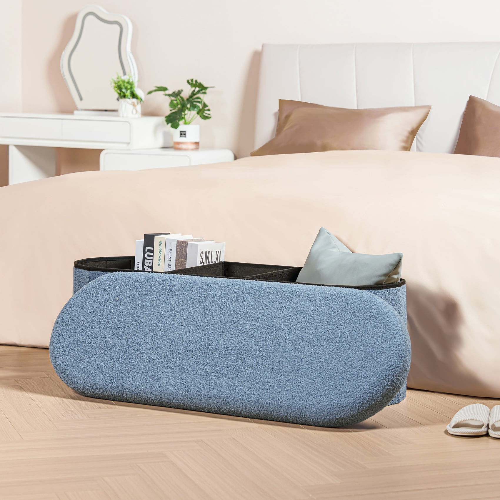 PINPLUS Storage Ottoman Bench Tufted Oval Ottoman Bench Foot Rest Velvet Bench with Storage 43" Blue