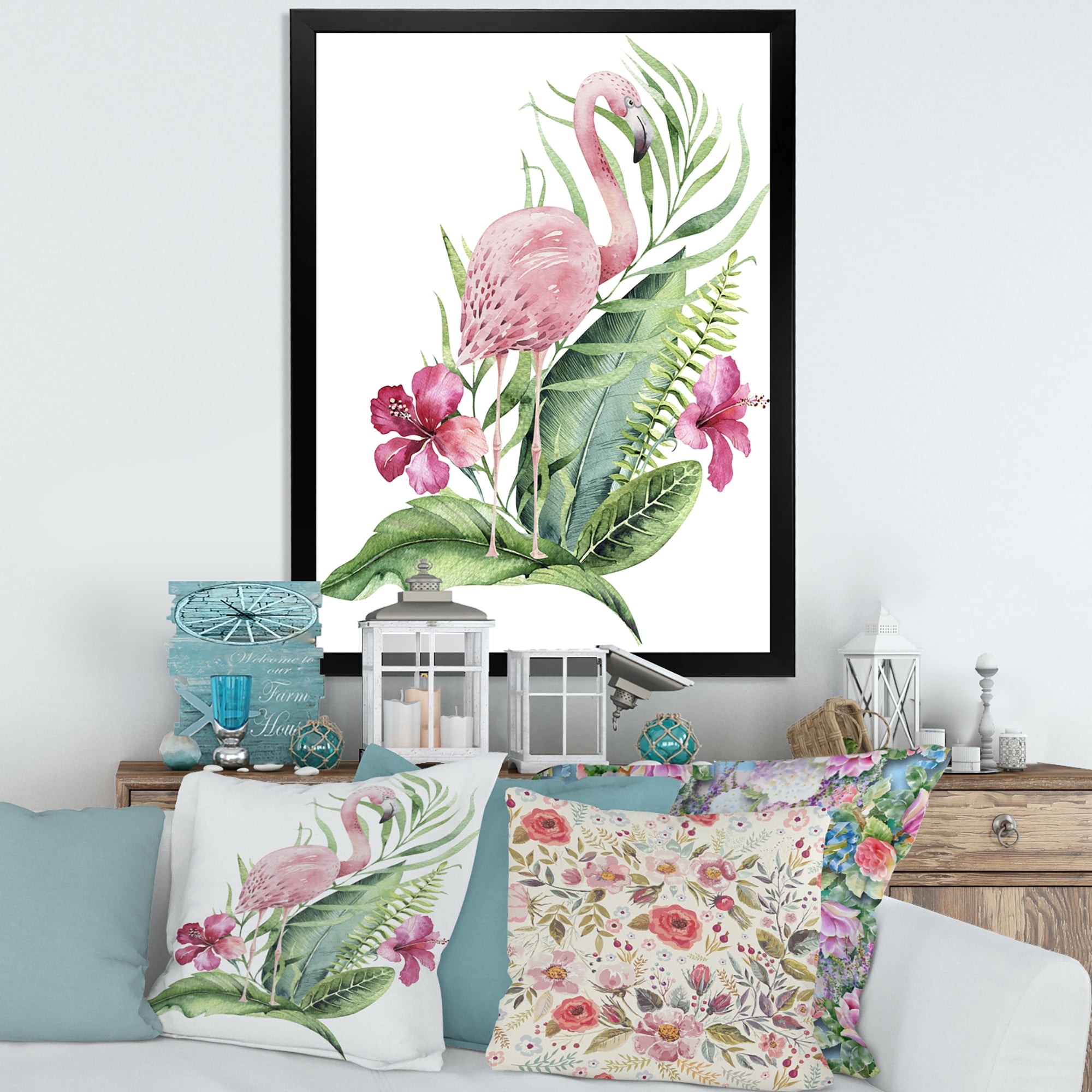 Designart 'Flamingo With Pink Flowers and Exotic Foliage' Traditional Framed Art Print