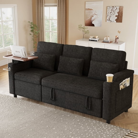 Muumblus 3-in-1 Convertible Sectional Sleeper Sofa with Recliner, Side Table & USB, 3-Seater Pull Out Couch Bed for Living Room, Black Chenille