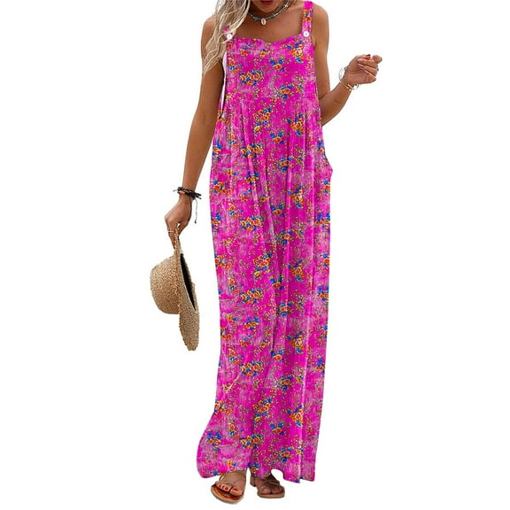 Abomasnow Women's Spaghetti Strap Flower Print Jumpsuit One Piece Crew Neck Overalls Casual Sleeveless Wide Leg Long Pants Rompers with Pockets on Clearance