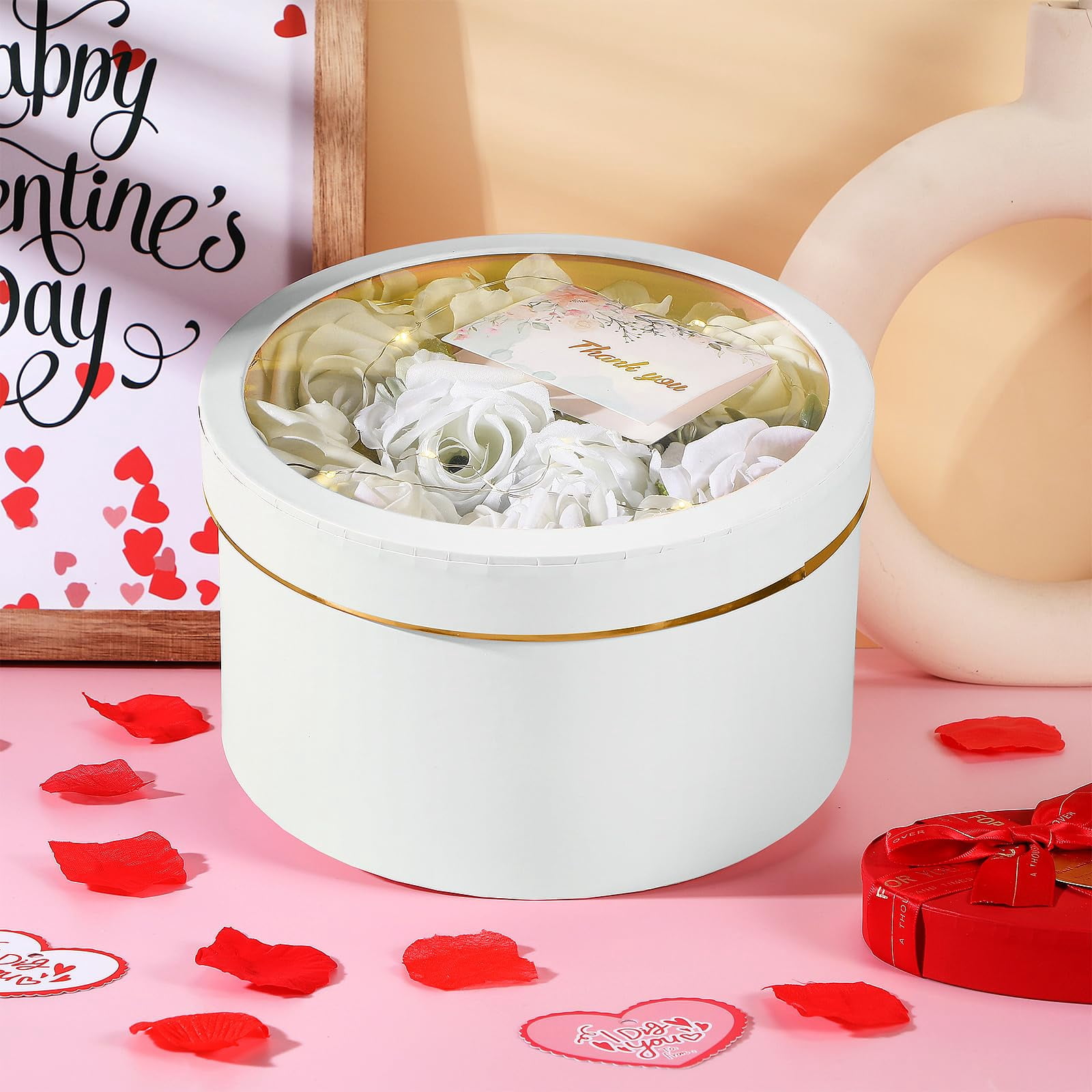 2 Round Gift Boxes With Lids Floral Foam Led Light Thank You Greeting Cards Flower Arrangements Supplies For Valentine Birthday Wedding Bridesmaid Proposal(white)