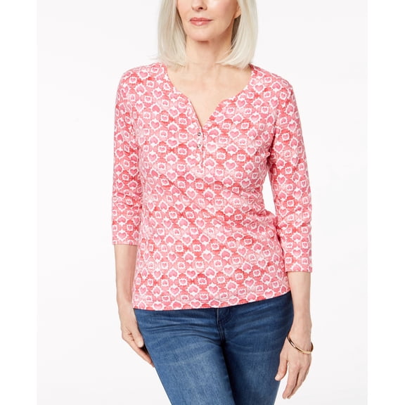 Karen Scott Petite Cotton Heart Print Henley T-Shirt Steel Rose PXS