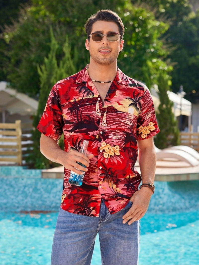 Alimens Gentle Men's 100% Cotton Short Sleeve Hawaiian Shirt