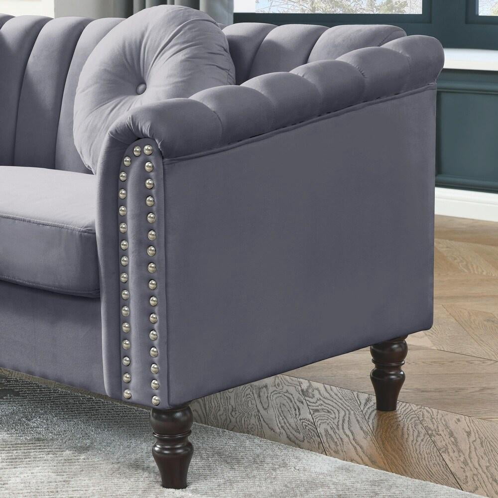 Gewnee Chesterfield Velvet Sofa Couch with Nailhead Trim and 2 Pillows for Living Room,Gray
