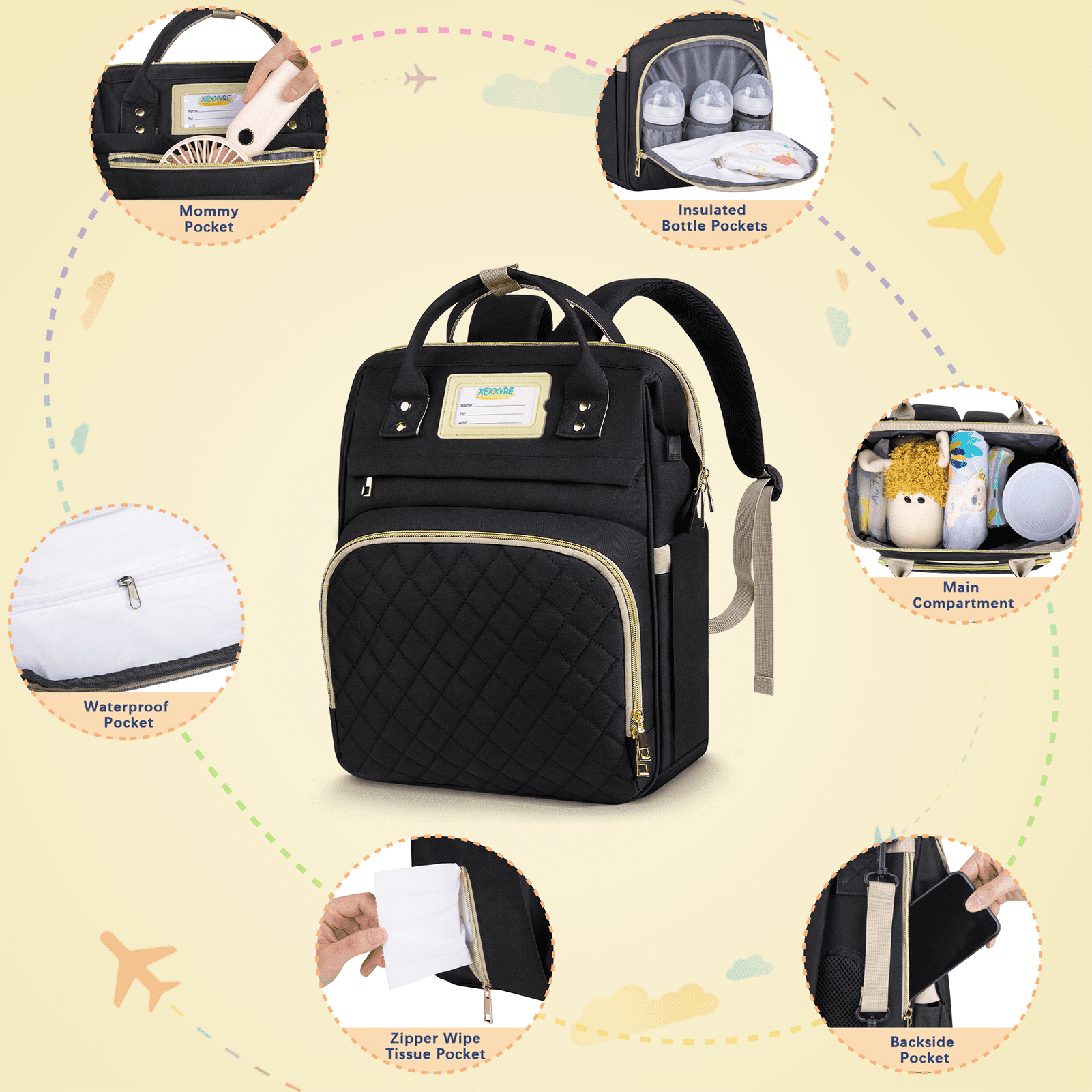 GPED Diaper Bag Backpack, Multifunctional Baby Changing Bag with Insulated Milk Bottle Pocket & Stroller Strap, Large Capacity Travel Backpack with USB Charging Port, Baby Bags for Boys Girls(Black)