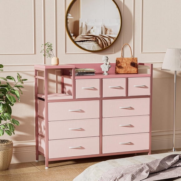 Ourlova Pink TV Stand with Charging Station,Wide TV Stand with Open Shelf,Bedroom Dresser for Living Room TV Stand with 9 Drawers,9 Large Storage Drawers for Living Room
