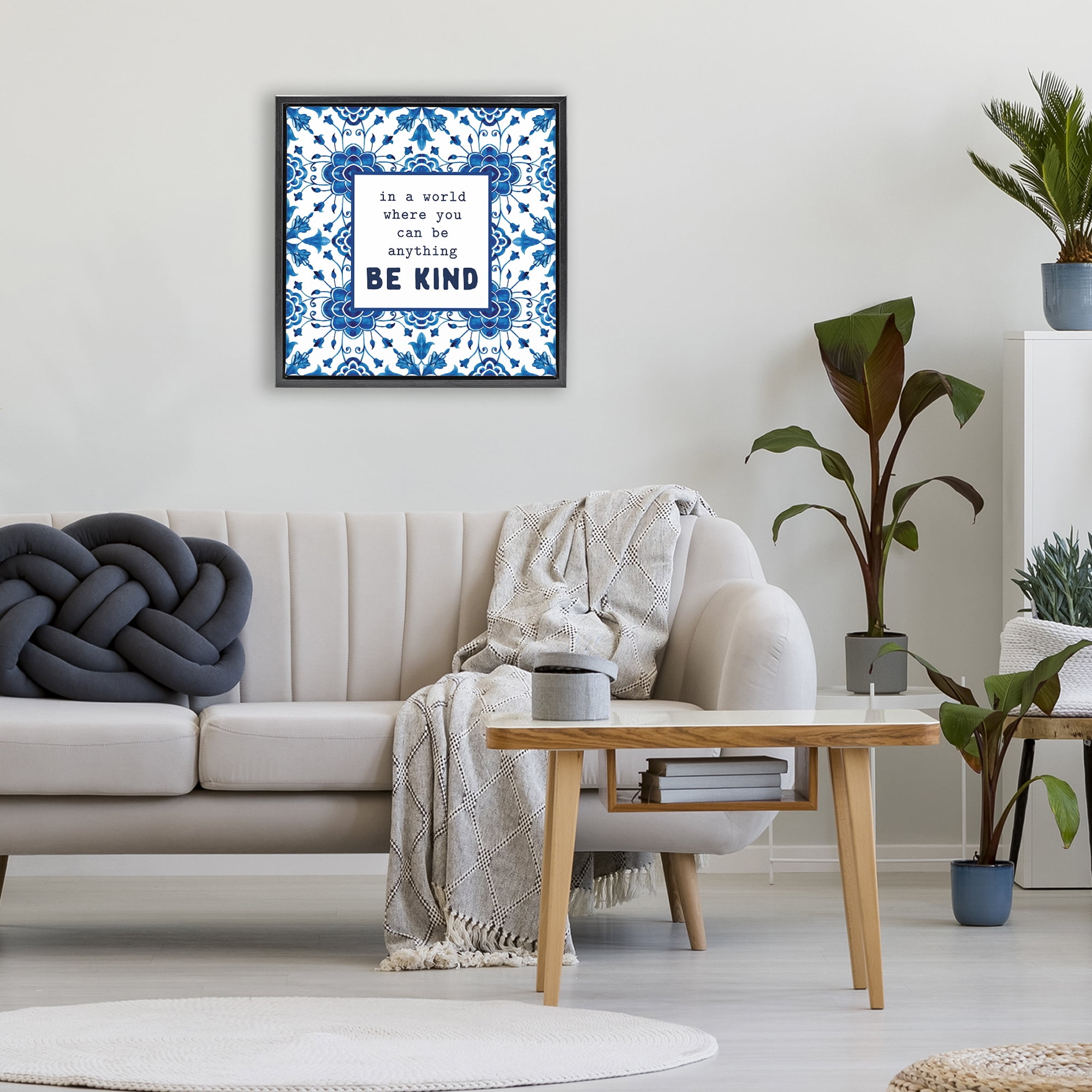 Patterned Be Kind Encouragement Black Framed Floater Canvas Wall Art, design by Lettered and Lined