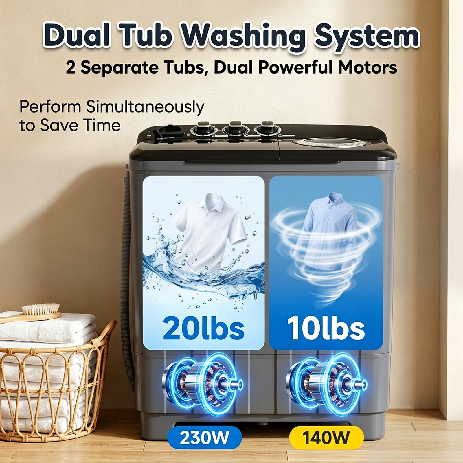 Portable Washing Machine, 30lbs Twin Tub Washer Compact Laundry Machine with Drain Pump,Compact Washer for Home Dorm Apartment,Black