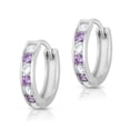 thumbnail image 4 of Tilo Jewelry 925 Sterling Silver Huggie Hoop Earrings with Purple & White Cubic Zirconia CZ Birthstones | Small 13MM | Classic Everyday Earrings | Women, Men, Unisex, 4 of 6
