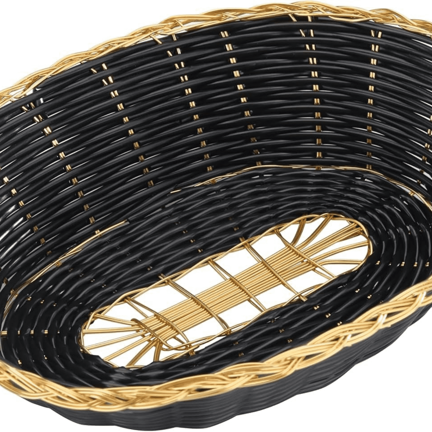 Polypropylene Oval Woven Food Basket (Set of 12), 9" x 6.25 x 2.25", Black with Golden Trim
