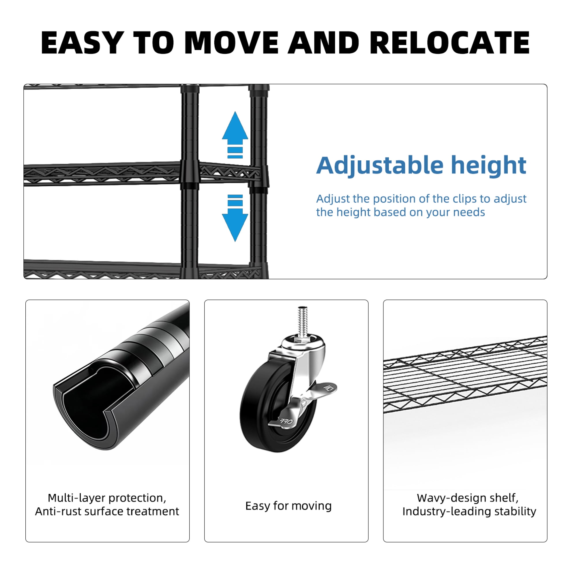 Leumius 3 Tiers Heavy Duty Rolling Garment Rack, Adjustable Wire Shelving Clothes Rack with 2 Rods and Side Hooks,Storage Closet Clothing Rack with Wheels for Laundry Room Bedroom Cloakroom Black