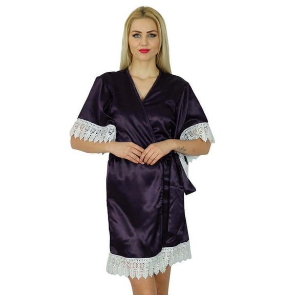 Bimba Women Kimono Sleeve Short Satin Robe Bride Bridesmaid Robe Lace Coverup