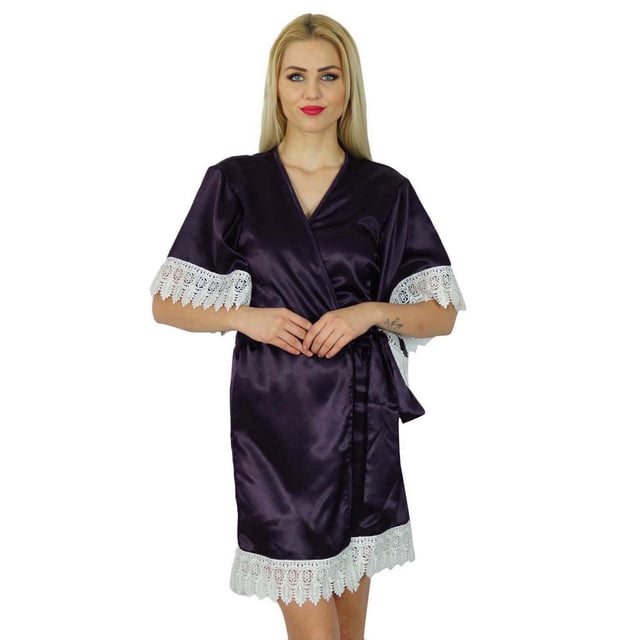Bimba Women Kimono Sleeve Short Satin Robe Bride Bridesmaid Robe Lace Coverup