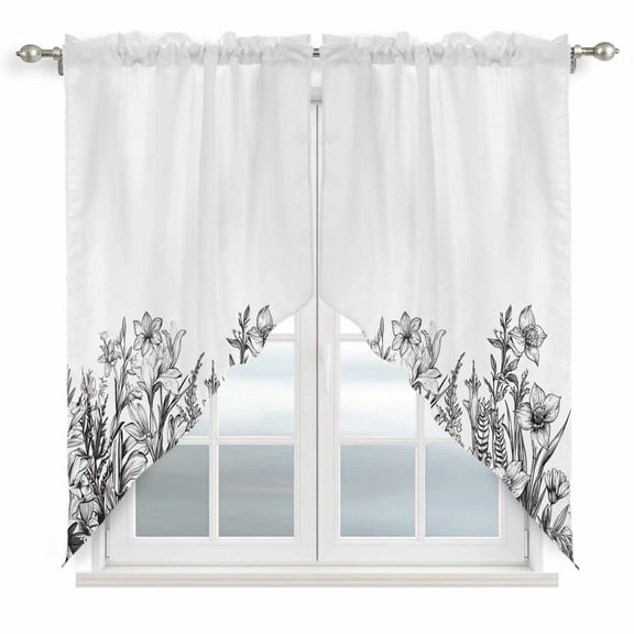 Wildflower Leaf Kitchen Window Curtains, Swag Curtains Valance for Bedroom Living Room Bathroom, Grey Floral Botanical White Watercolor Rod Pocket Window Curtain Block Drapes 2 Panels 36"x36"