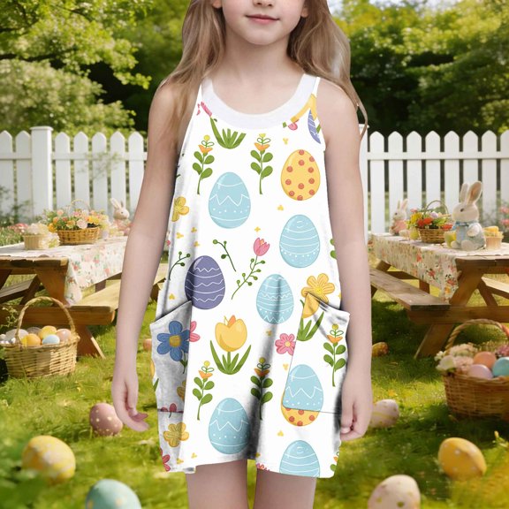 ATOGUTA Girl Dress Casual Summer Spaghetti Straps Easter Romper Dresses with Pockets for Kid Size 3T-10. Multicolor