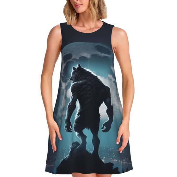 Disketp Moon Wolf Warrior para Vestido sin Mangas para Mujeres, Vestidos de Verano para Mujeres, Casual y Holgado para la Playa