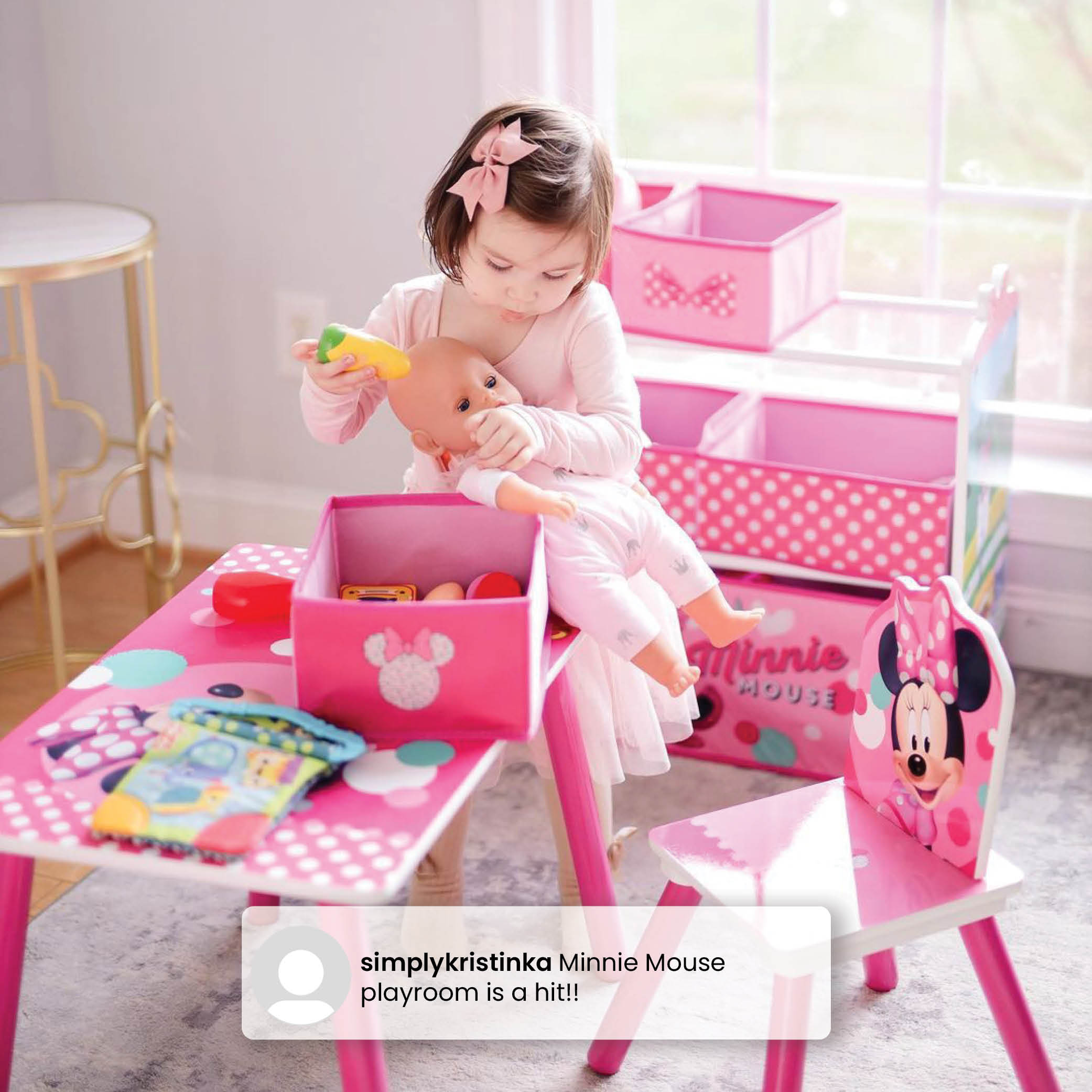 Minnie Mouse 4-Piece Wood Toddler Playroom Set – Includes Table, 2 Chairs & Toy Bin, Pink - image 13 of 13