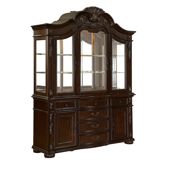 Eva Buffet China Cabinet with Hutch, Baroque Cherry Brown, 87 Inch