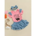 thumbnail image 3 of Kiapeise Infant Baby Girl Summer Skirt Outfits Short Sleeve Romper Denim Ruffle Layered Mini Skirts Set with Headband, 3 of 9