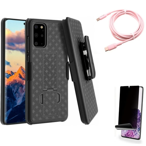 Privacy Screen Protector w Pink 10ft Long Cable w Case Belt Clip for Samsung Galaxy S20 Plus - TPU Film [NOT GLASS] [Fingerprint Works], USB-C to Type-C PD Fast Charger Cord fits Galaxy S20 Plus